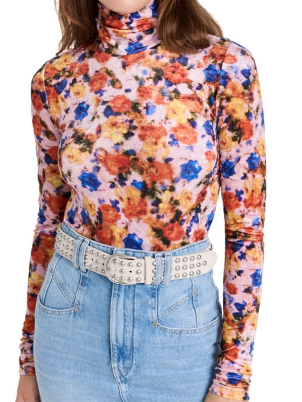 Isabel Marant Giloyela Printed Strech Velvet Turtle Neck Top Small